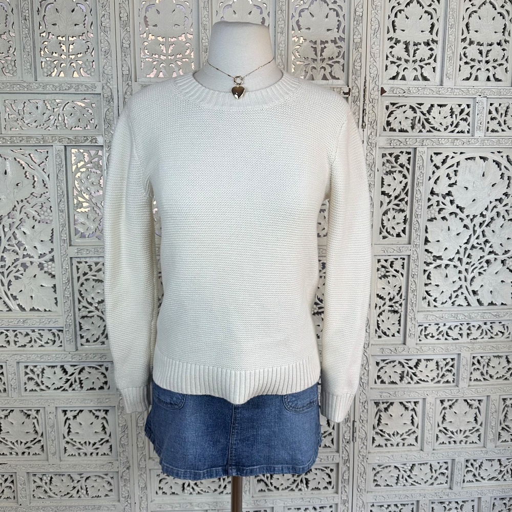 J Crew Merino‎ Wool Blend Cream Ivory Tight Knit Crewneck Sweater Sz XS
